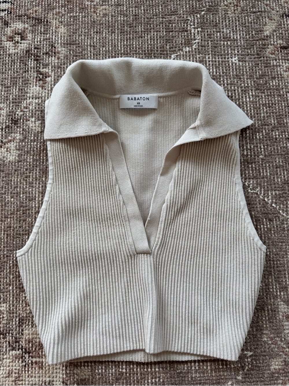 Babaton Collared Ribbed Knit Cropped Tank - Beige